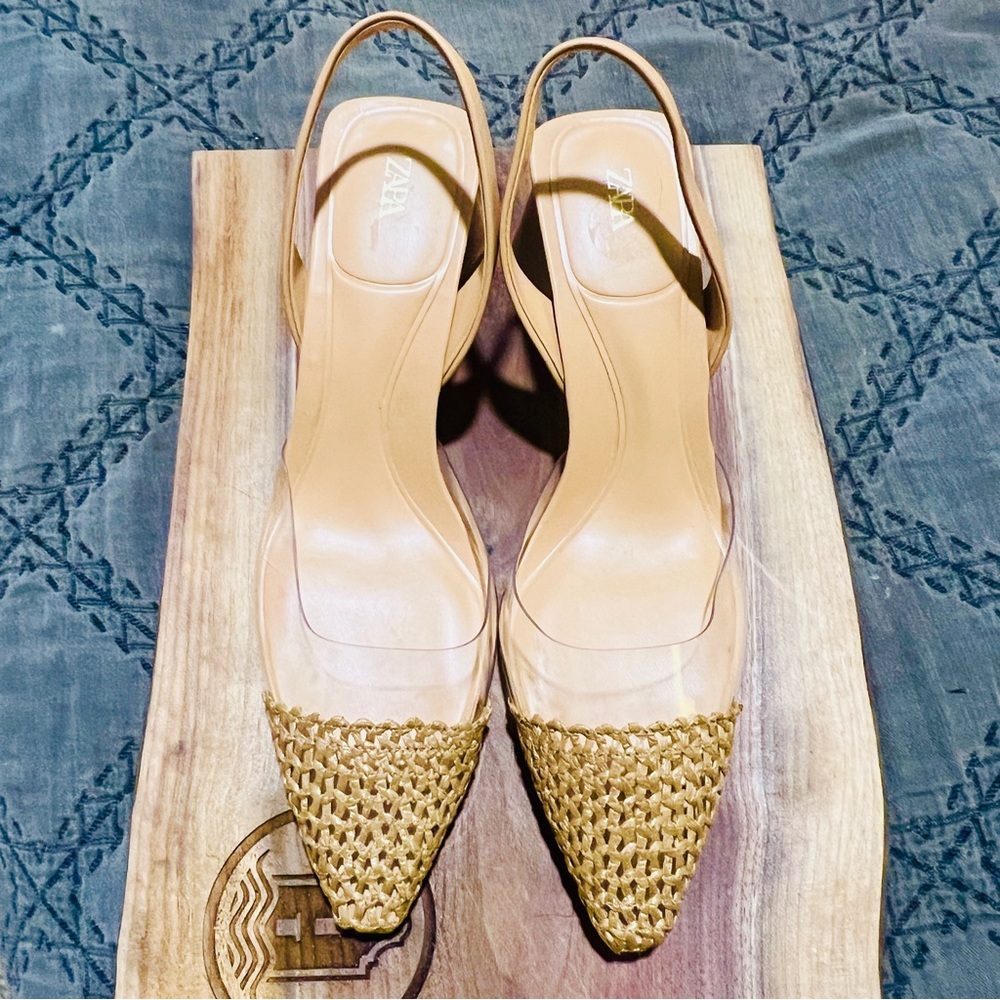 Zara Beige Woven-Pointed Slingback Heels